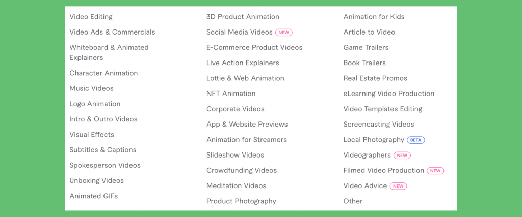 Fiverr Video & Animation dropdown menu options