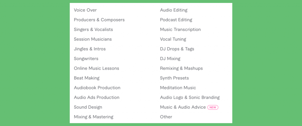 Fiverr music & audio menu dropdown